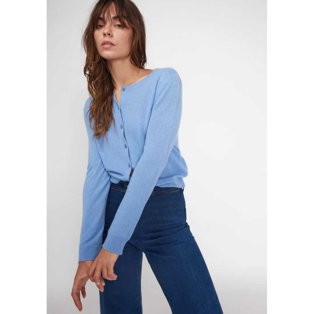 Cardigan col rond femme ZIKA en cachemire bleu ciel