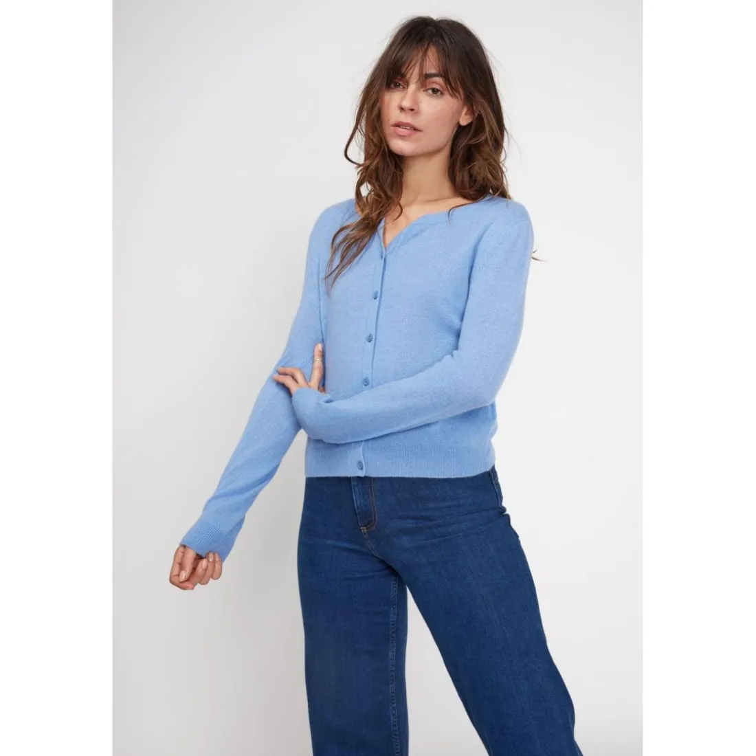 Cardigan col rond femme ZIKA en cachemire bleu ciel