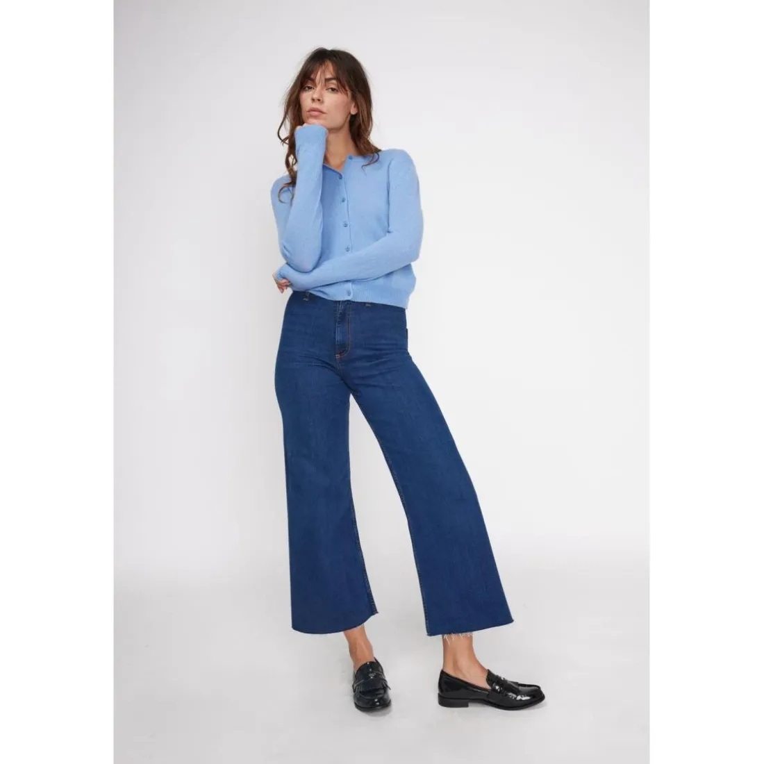 Cardigan col rond femme ZIKA en cachemire bleu ciel