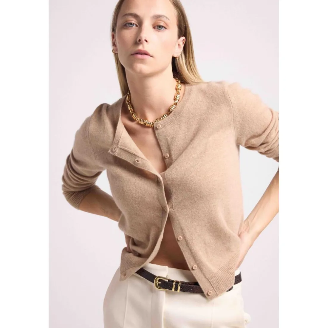 Cardigan col rond femme ZIKA en cachemire new beige creme