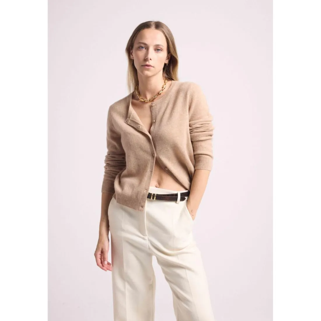 Cardigan col rond femme ZIKA en cachemire new beige creme