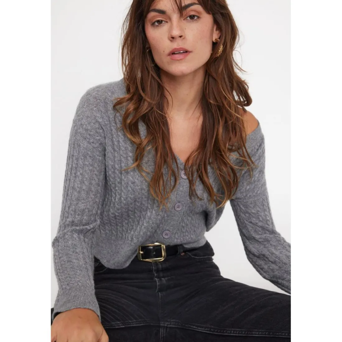 Cardigan col V torsade boxy femme ZIKARIA en cachemire gris fonce