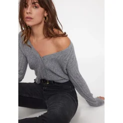 Cardigan col V torsade boxy femme ZIKARIA en cachemire gris fonce