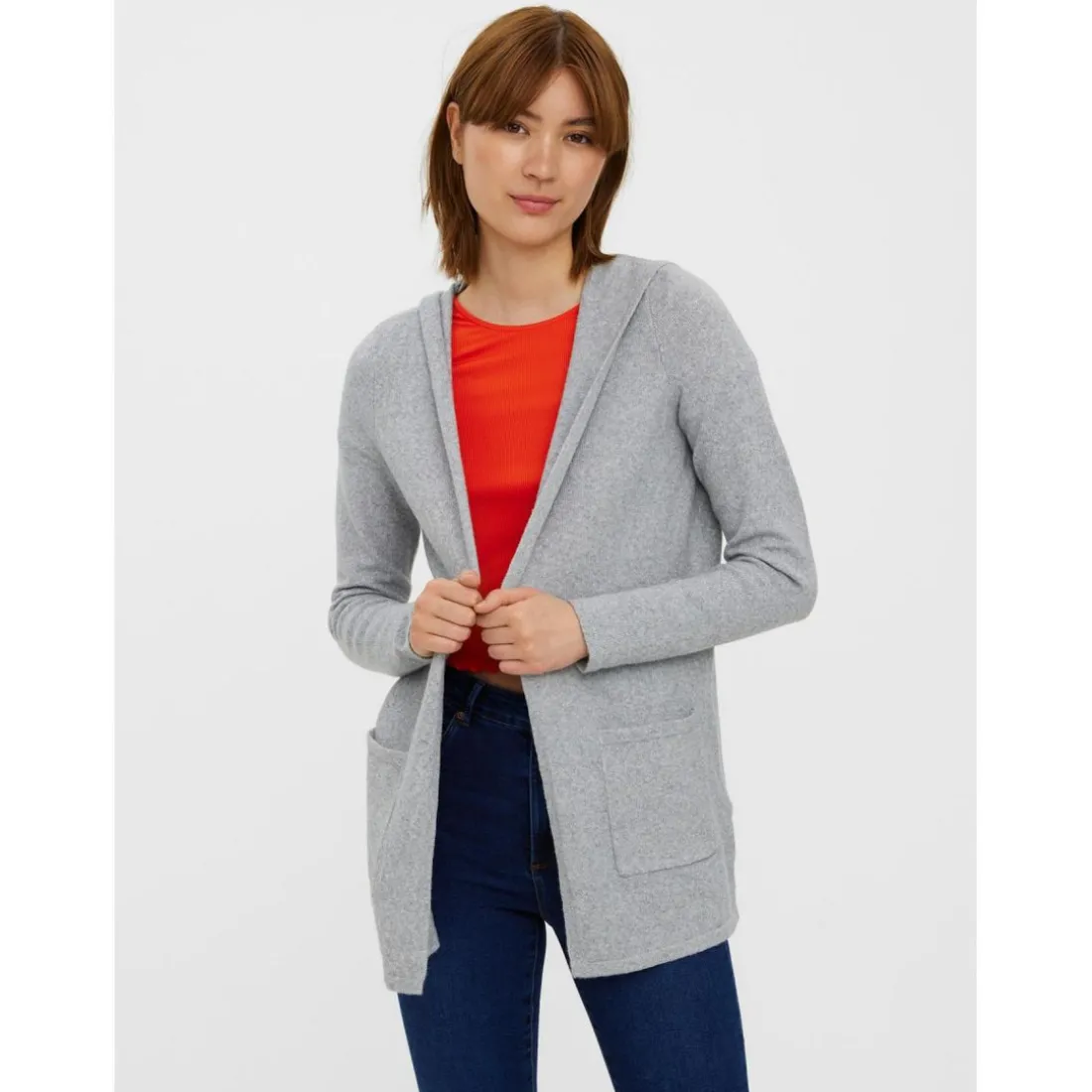 Cardigans en maille Sweat à capuche Manches longues Coupe longue gris
