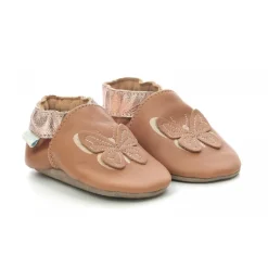 Chausson Bebe pour Fille en cuir rose avec motif papillon