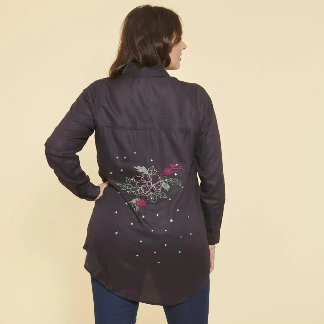 Chemise asymétrique manches longues broderie dos grandes tailles femme - Gris en viscose