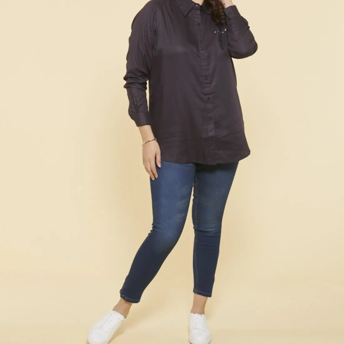 Chemise asymétrique manches longues broderie dos grandes tailles femme - Gris en viscose