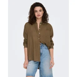 Chemise Col chemise Manches longues marron en lin