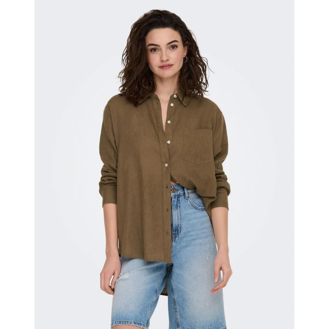 Chemise Col chemise Manches longues marron en lin