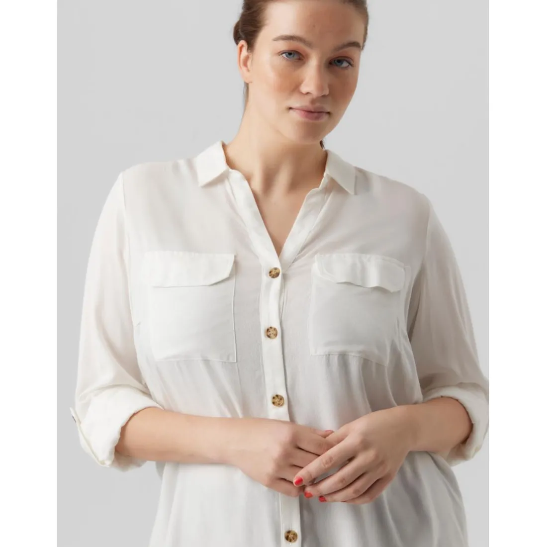 Chemise col chemise manches avec revers manches longues blanc en viscose Xena