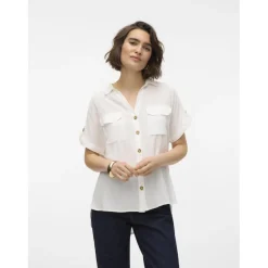 Chemise col chemise manches avec revers manches courtes blanc en viscose Emma