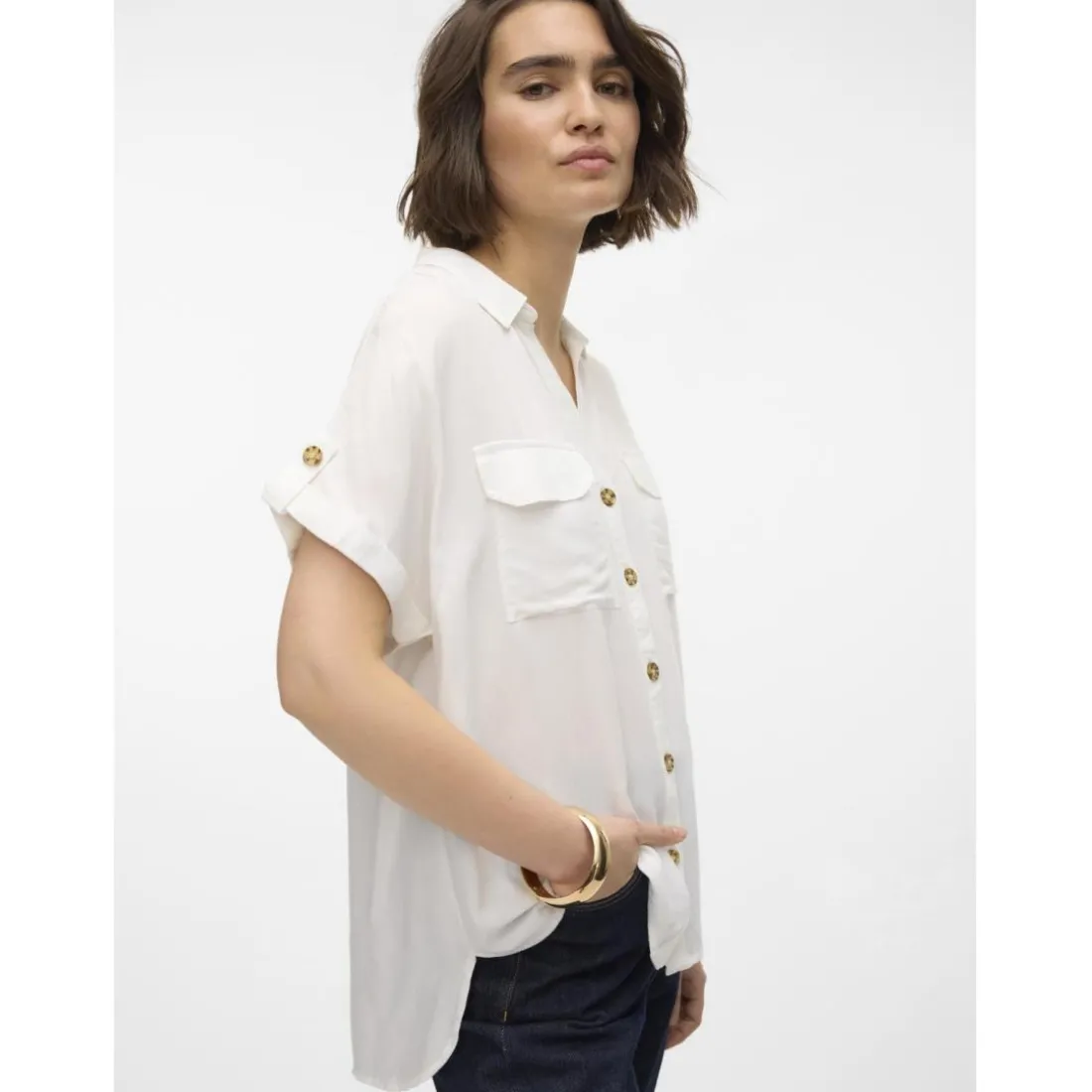Chemise col chemise manches avec revers manches courtes blanc en viscose Emma