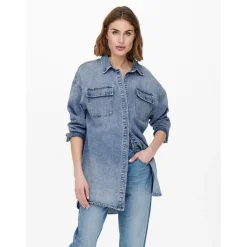 Chemise en denim Col chemise Manches longues bleu