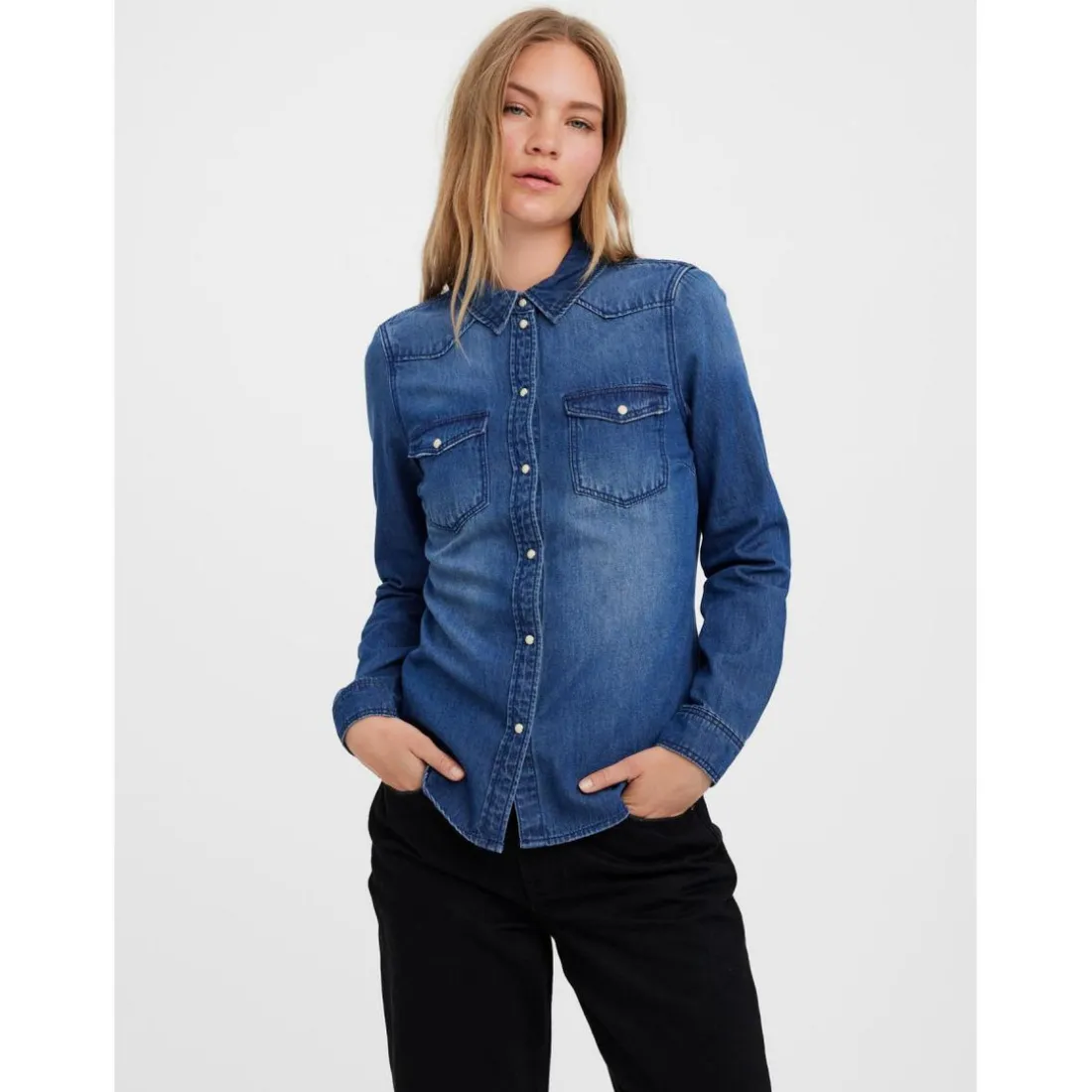 Chemise en denim Slim Fit Col chemise Manches longues bleu Lou