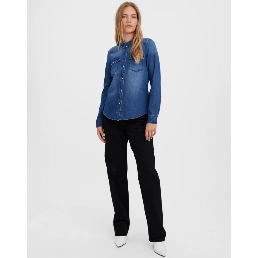 Chemise en denim Slim Fit Col chemise Manches longues bleu Lou