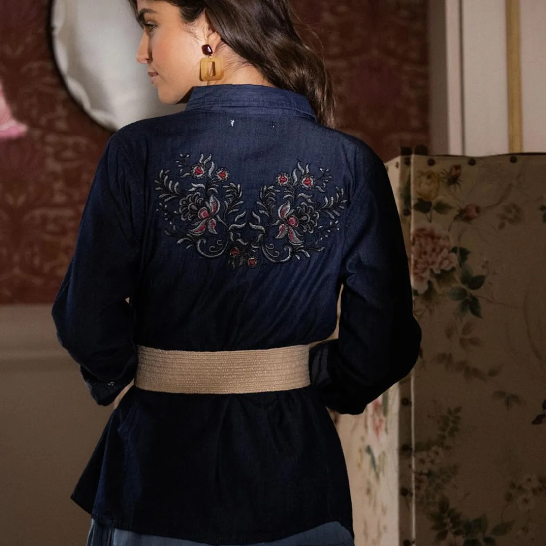 Chemise en jean avec pressions manches longues broderie dos femme - bleu foncé