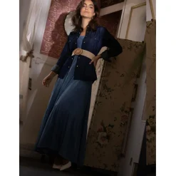 Chemise en jean avec pressions manches longues broderie dos femme - bleu foncé