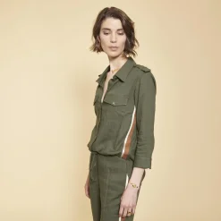 Chemise en Viscose/Lin avec bandes appliquées kaki