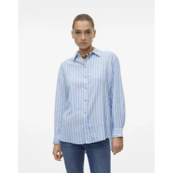 Chemise fermeture par bouton poignets boutonnés col chemise manches larges manches longues bleu en lin Demi