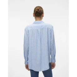 Chemise fermeture par bouton poignets boutonnés col chemise manches larges manches longues bleu en lin Demi