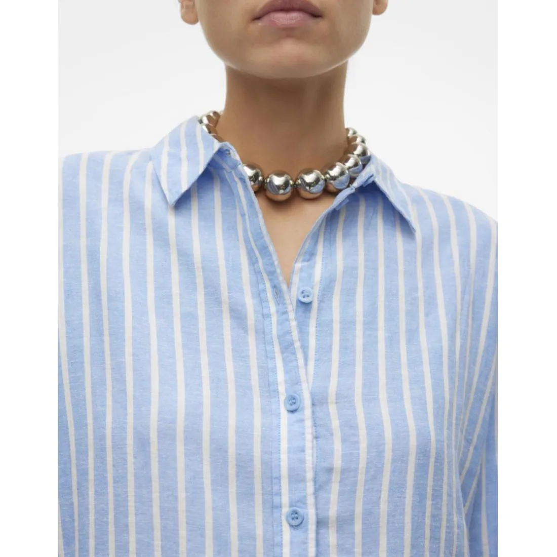 Chemise fermeture par bouton poignets boutonnés col chemise manches larges manches longues bleu en lin Demi
