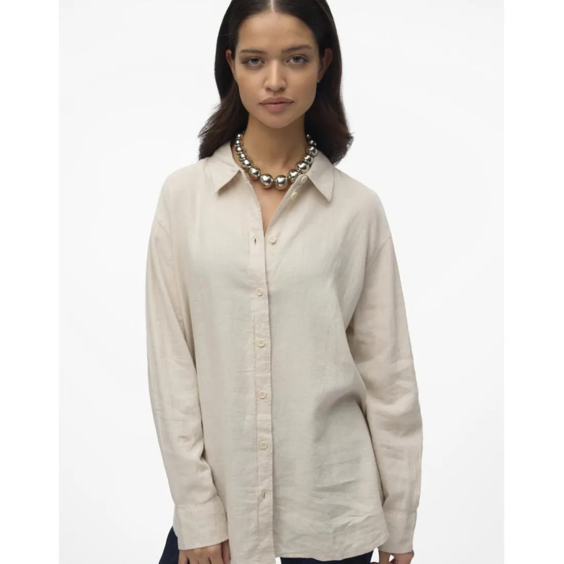 Chemise fermeture par bouton poignets boutonnés col chemise manches larges manches longues gris en lin Maia