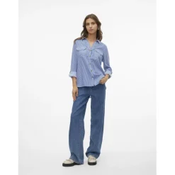 Chemise manches longues à rayures bleu en viscose Isa