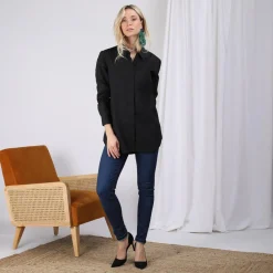 Chemise manches longues bas arrondi femme - Noir