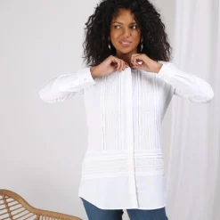 Chemise manches longues dentelle et jeux de plis femme - Blanc