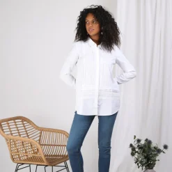 Chemise manches longues dentelle et jeux de plis femme - Blanc