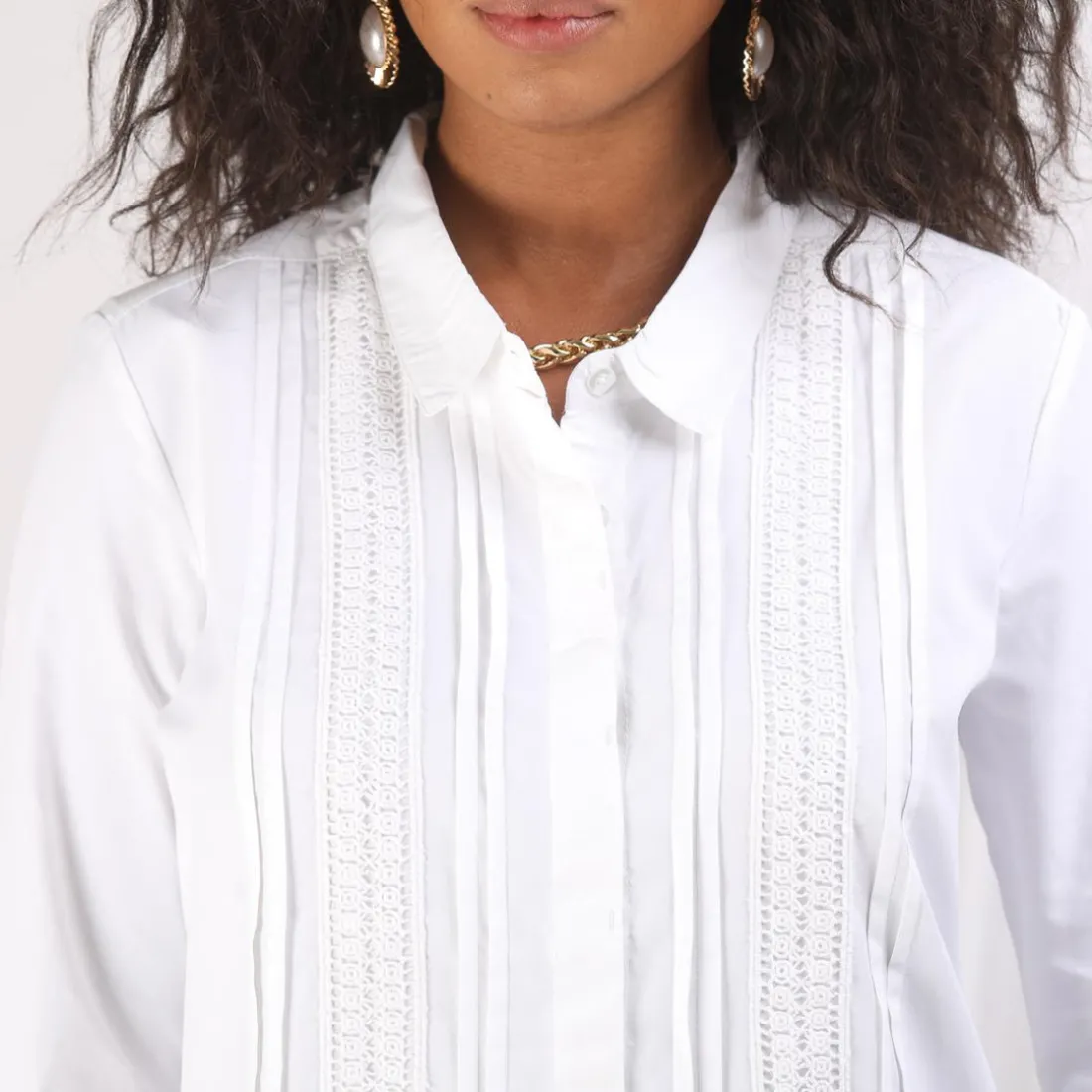 Chemise manches longues dentelle et jeux de plis femme - Blanc