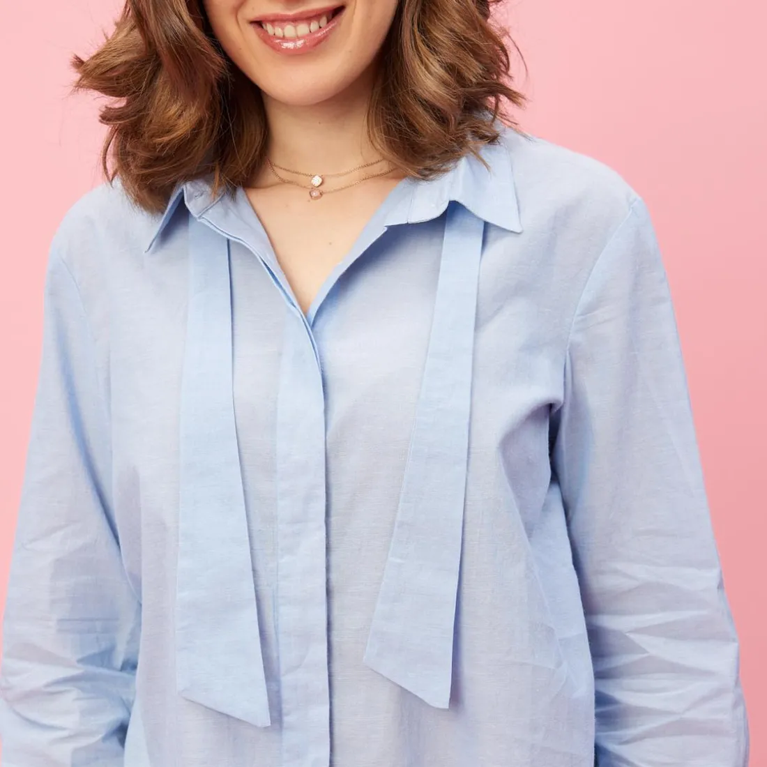 Chemise manches longues rubans effet cravate femme - Bleu en coton