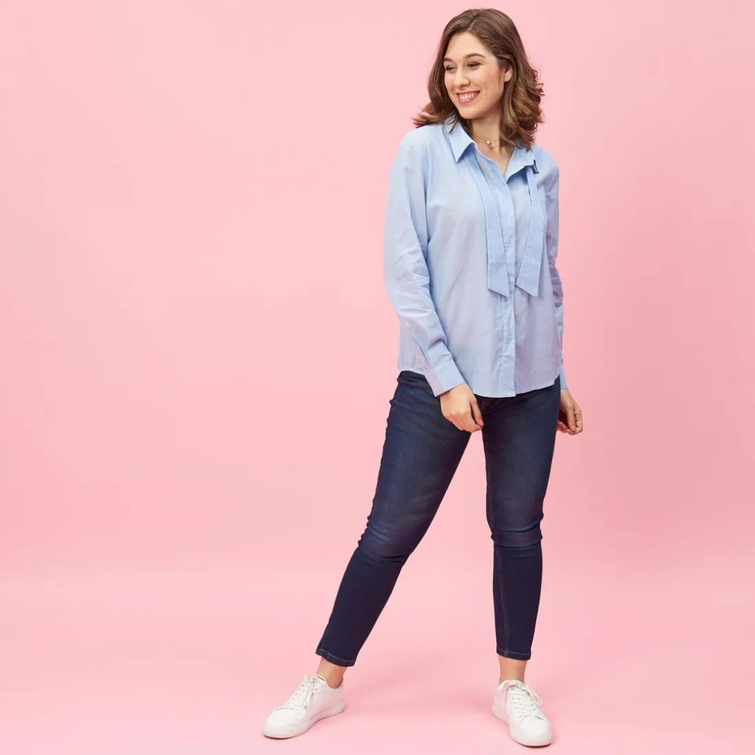Chemise manches longues rubans effet cravate femme - Bleu en coton