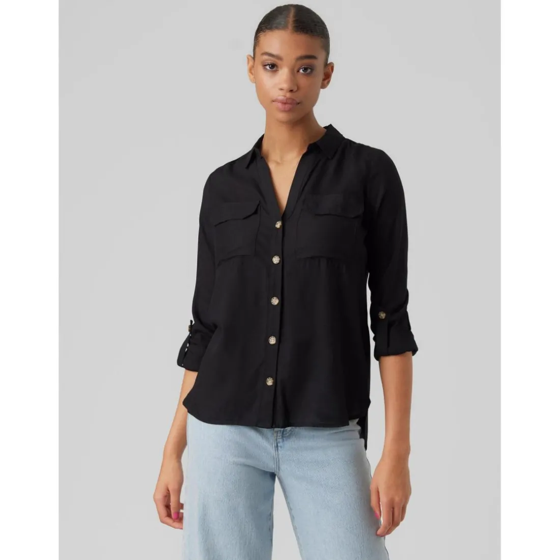 Chemise Regular Fit Col chemise Manches longues Longueur regular noir en viscose Yas