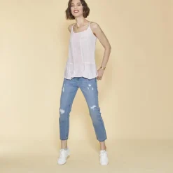 Débardeur à bretelles volanté en crépon brodé femme - Violet