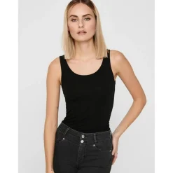 Débardeur Col rond Sans manches Coupe plus longue noir en coton Yas