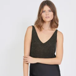 Débardeur col V devant et dos lurex Rachel en viscose noir