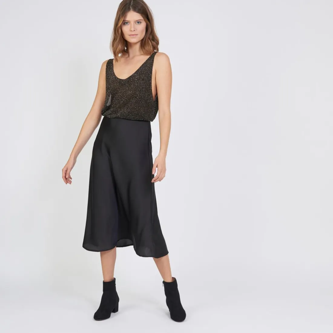 Débardeur col V devant et dos lurex Rachel en viscose noir