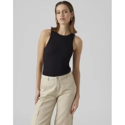 Débardeur court dos nu sans manches noir Fleur en coton