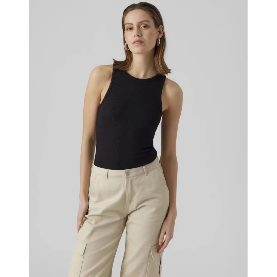 Débardeur court dos nu sans manches noir Fleur en coton