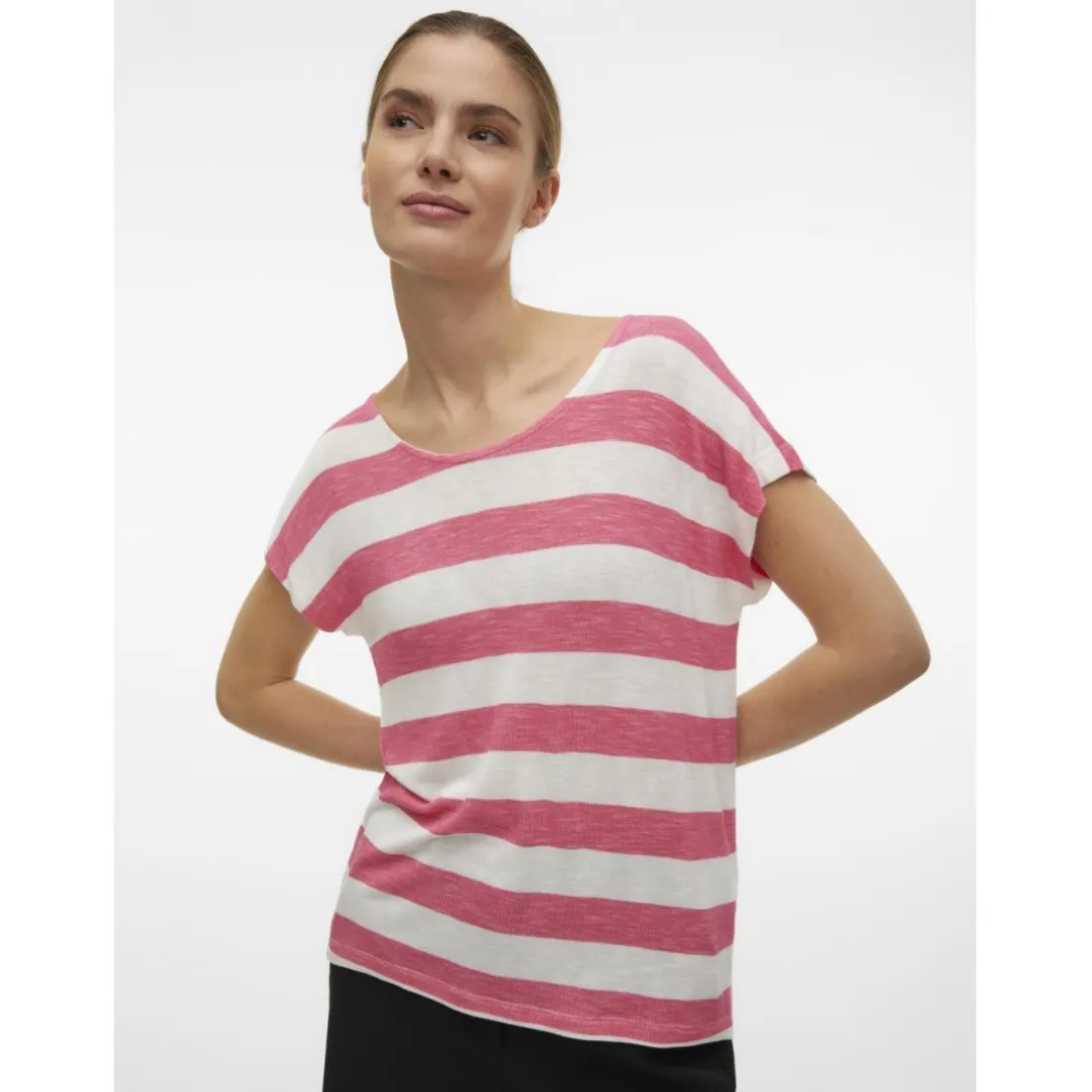 Débardeur sans manches ourlet bas col rond manches classiques manches courtes rose en viscose Cara