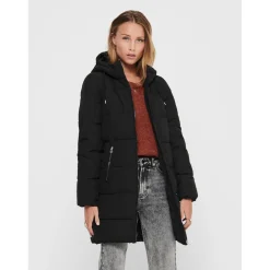 Doudoune Coupe-vent Capuche Finitions cordon de serrage Long noir