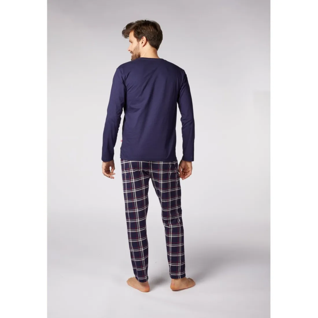 Ensemble Pyjama Long homme Bleu Marine Imprimé/ Bleu Marine à Carreaux Rouges en coton