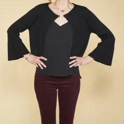 Gilet fermé par broche manches longues évasées femme - Noir en viscose