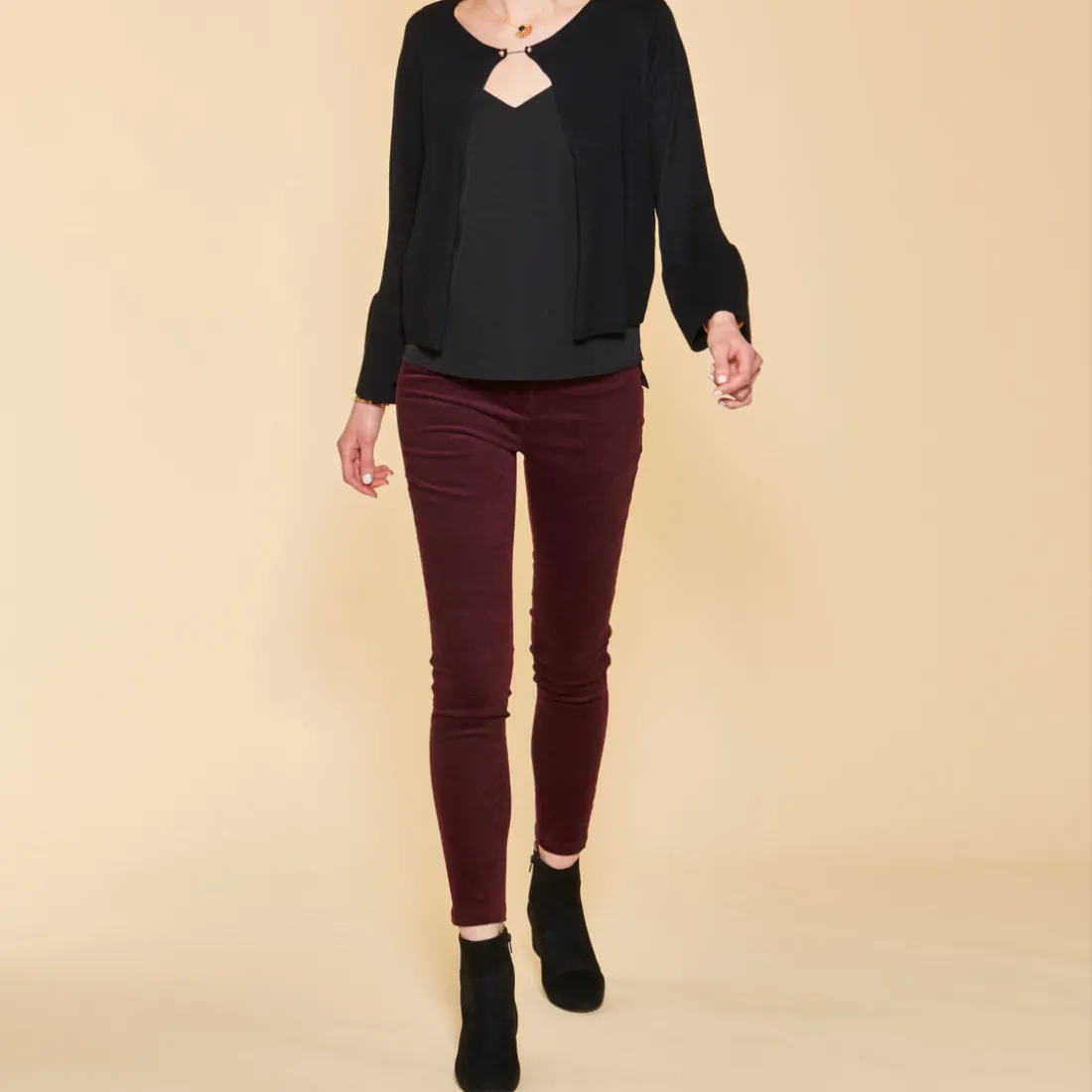 Gilet fermé par broche manches longues évasées femme - Noir en viscose