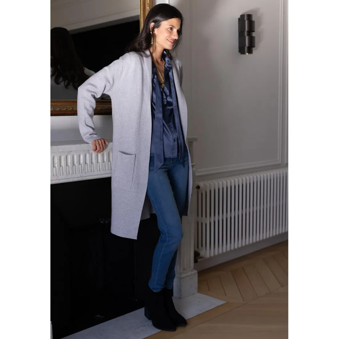 Gilet long col châle Hardy en viscose gris