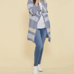 Gilet long rayé col à revers manches longues femme - Rayé Bleu Clair