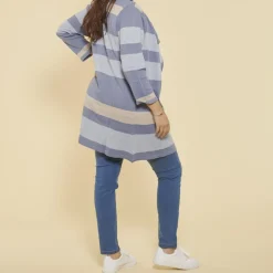 Gilet long rayé col à revers manches longues femme - Rayé Bleu Clair