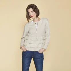 Gilet zippé manches longues et franges devant femme - Ivoire blanc