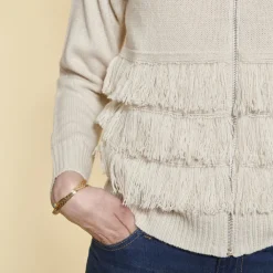 Gilet zippé manches longues et franges devant femme - Ivoire blanc